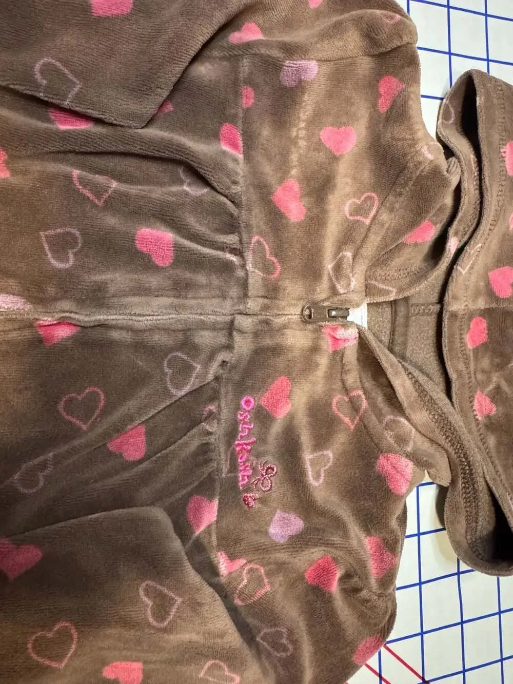 OshKosh B'Gosh Brown Pink Hearts Velour Zip Up Hoodie Toddler Size 4